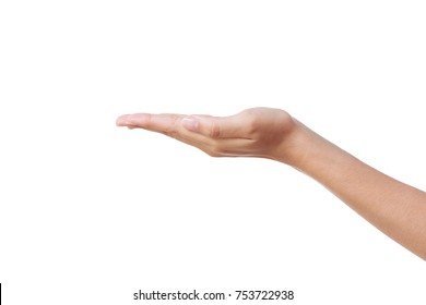 Close-up of beautiful woman's hand, palm up. side view Isolated on white background