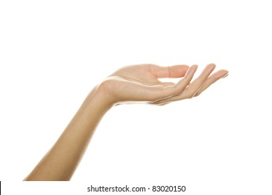 Close-up of beautiful woman's hand, palm up. Isolated on white background