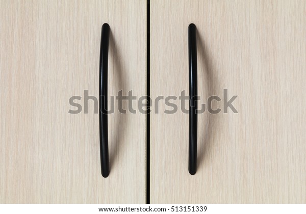 Closeup Beautiful Wooden Wardrobe Door Handles Stock Photo