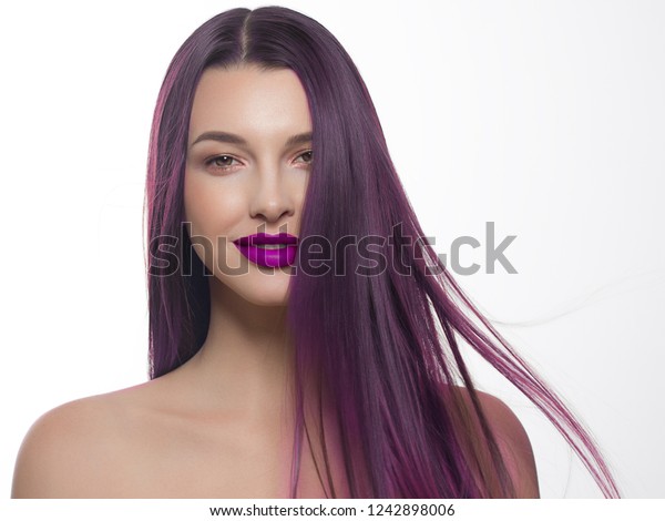 Closeup Beauty Portrait Woman Long Purple Stock Photo Edit Now