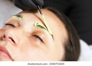 A close-up of a beauty professional applying eyebrow tint to a woman. The woman's eyes are closed as dye is carefully brushed onto her eyebrows, highlighting the precision of the beauty treatment. - Powered by Shutterstock