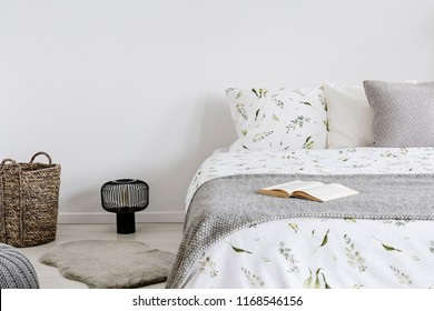 Close-up Of A Bed With Eco Cotton And Wool Bedding And Pillows In A Bright Bedroom Interior. Real Photo.