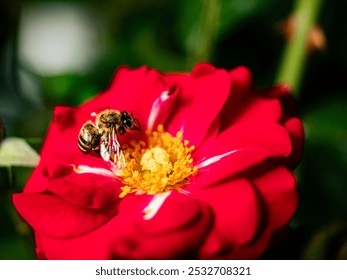 Closeup of a Bee on Pink Rose Flowers in a Garden Blooming with Colorful Spring Beauty and Pollination. - Powered by Shutterstock