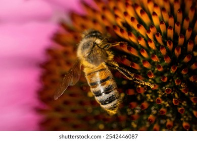 A closeup of a bee pollinating on pink Purple coneflower - Powered by Shutterstock