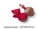 Closeup beetroot (beet root) and cut in half sliced isolated on white background. Top view. Flat lay.
