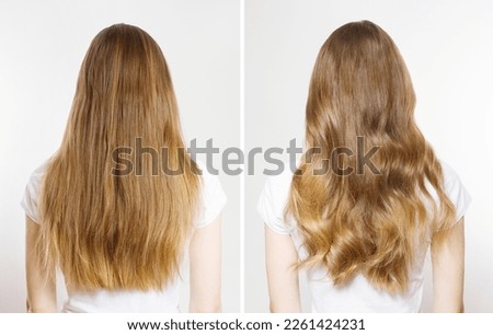 Closeup Before after Caucasian hair type back view isolated on white background. Before-after Straight long light brown healthy clean hairstyle, wavy curly iron curled. Shampoo concept. Nature beauty
