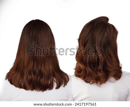 Closeup before after hairstyle straight and wavy curly iron curled caucasian brunette hair back view isolated on white background. Concept shampoo haircare natural beauty, wedding style.