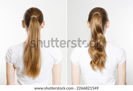 Closeup before-after straight curly wavy high ponytail back view isolated on white background. Quick and easy Hair-styles for dirty long hair. A young woman with blond tied ponytail. Lazy hairstyles.