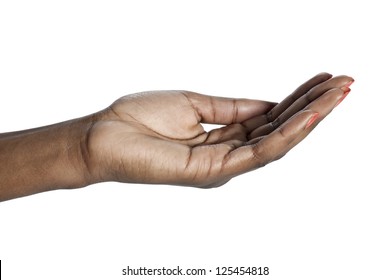 Closeup begging hand of an African woman over a white background
