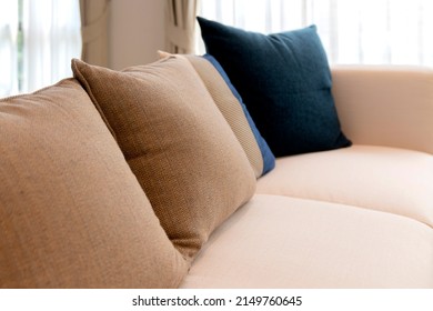 Close-up Of Beige Earth Tone Pillow Cushion Set Arrange On Sofa Couch In Living Room Interior Design Home Swweet Home Ideas Concept