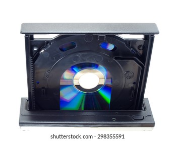 close-up below of opened Cd or Dvd drive tray isolated on white background, part of device for record and storage data for computer
