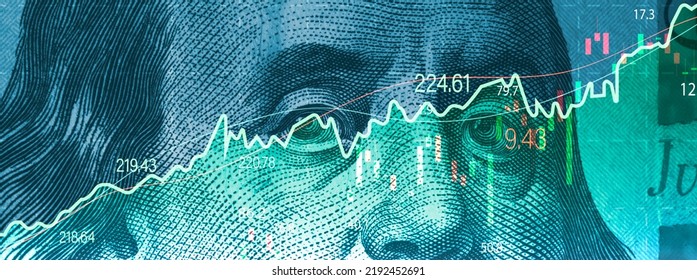 Closeup Benjamin Franklin face on USD banknote with stock market chart graph for currency exchange and global trade forex concept.