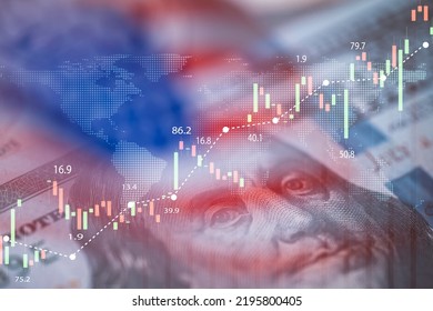 Closeup Benjamin Franklin face on USD banknote with stock market chart graph and American flag for currency exchange and global trade forex concept.