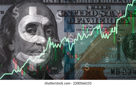 Closeup Benjamin Franklin face on USD banknote with stock market chart graph for currency exchange and global trade forex concept.