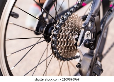 Closeup bicycle gear wheels, mechanic gears cassette and chain at the rear wheel of folding bike
