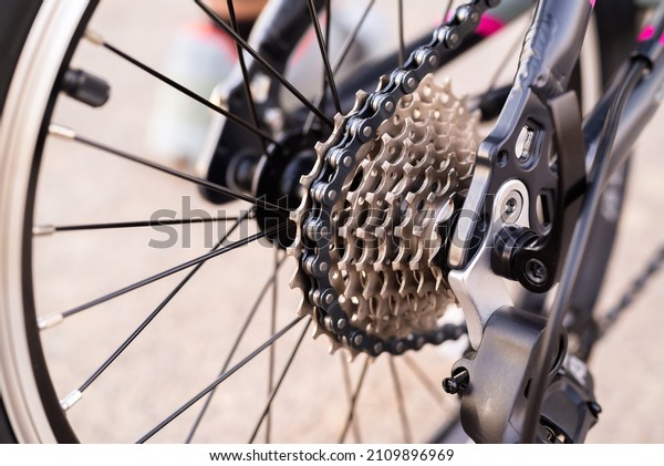 Closeup bicycle gear wheels,\
mechanic gears cassette and chain at the rear wheel of folding\
bike