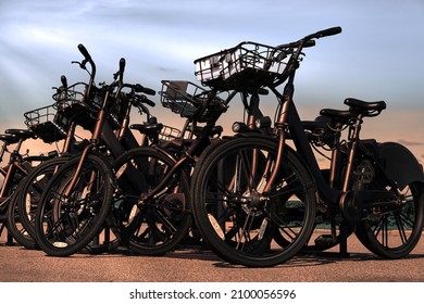 Close-up Bicycles Stand In The Parking Lot Against The Backdrop Of A Beautiful Sky. No People . Bike With A Basket For Things