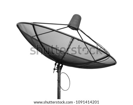 close-up big mesh satellite dish isolated on white background, black steel frame with pole and parabolic grid with receiver antenna for television or radio wave receive or telecommunication network