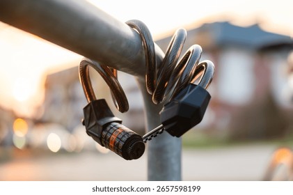 Close-Up Of A Bike Code Lock On A Bicycle Parking Rack
