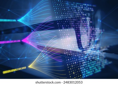 Close-up of binary code and fiber optic cables with dynamic light effects, concept of big data and technology