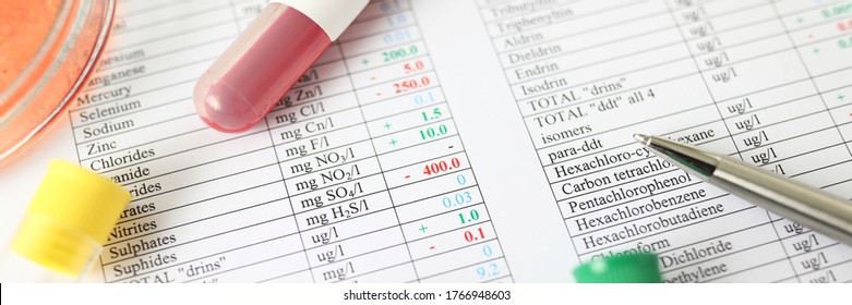 Close-up Of Biochemical Analysis Of Matter. Test Tubes With Multi-colored Lids With Dna Samples. Important Paper With Results Of Research. Chemical Composition Concept