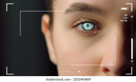Closeup biometrical vision scanning system inspecting woman eye identifying. Close up retina scanner analysing iris taking photos authorising user network. Modern biometrics technology concept