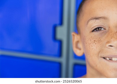 Close-up of a biracial boy smiling in school, with copy space. His freckles and joyful expression brighten the school setting. - Powered by Shutterstock