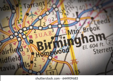 Closeup Of Birmingham, Alabama On A Road Map Of The United States.