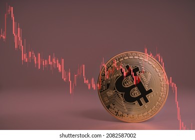 Closeup Bitcoin cryptocurrency upside down when Bitcoin price crash falling down, price, volume in stock market decrease for any risk with red trading price graph chart. Bitcoin price crash concept.