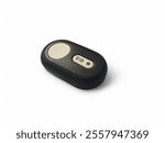 A close-up of a black Bluetooth camera remote with white buttons for camera,Wireless Remote control for DSLR camera. Isolated on white background