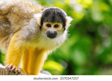 Closeup of a black capped squirrel monkey, Saimiri boliviensis. A New World monkey native to the upper Amazon basin in Bolivia, western Brazil and eastern Peru.
