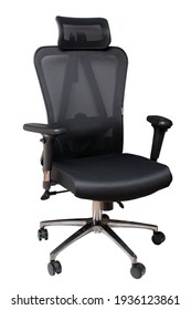 Closeup Of A Black Comfortable Office Or Computer Swiwel Chair Isolated On White Background. Clipping Path. Ergonomic Design Chair For A Healthy Back.