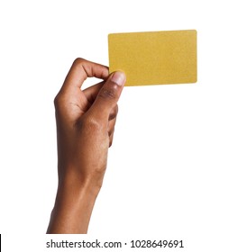 Closeup Of Black Female Hand Holding Plastic Credit Card , Woman Showing Blank Business Card On White Isolated Studio Background, Copy Space, Cutout