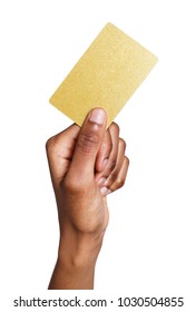 Closeup of black female hand holding plastic credit card , woman showing blank business card on white isolated studio background, copy space, cutout