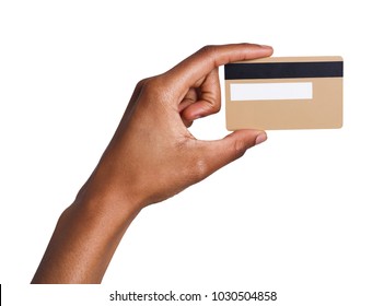 Closeup Of Black Female Hand Holding Plastic Credit Card , Woman Showing Blank Business Card On White Isolated Studio Background, Copy Space, Cutout