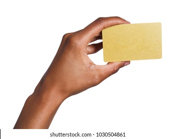 Closeup Of Black Female Hand Holding Plastic Credit Card , Woman Showing Blank Business Card On White Isolated Studio Background, Copy Space, Cutout