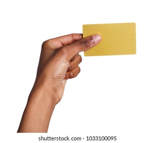 Closeup Of Black Female Hand Holding Plastic Credit Card , Woman Showing Blank Business Card On White Isolated Studio Background, Copy Space, Cutout