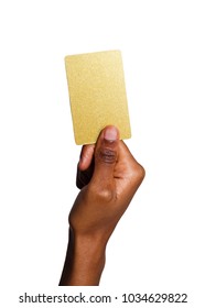 Closeup Of Black Female Hand Holding Plastic Credit Card , Woman Showing Blank Business Card On White Isolated Studio Background, Copy Space, Cutout