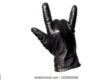 Closeup Black Leather Glove, Fingers Showing Rock Sign. Isolated On White Background. Concept Symbols, Signs, Numbers