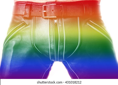 Close-up Of Black Leather Pants With Rainbow Colors For Gay Pride