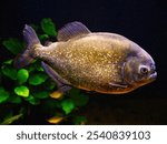 Close-up of a black piranha swimming in an aquarium, showcasing its round, dark body with golden specks, red eyes, and powerful fins against a green aquatic plant background.