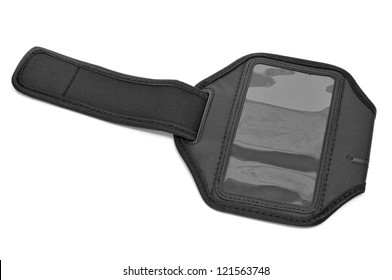 Closeup Of A Black Running Armband For Smartphone Or MP3 Player On A White Background