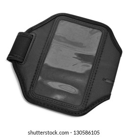 Closeup Of A Black Running Armband For Smartphone Or MP3 Player On A White Background