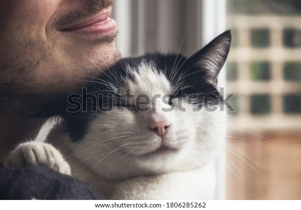Closeup of a black and white cat\
cuddled by a beard man. Love relationship between human and\
cat