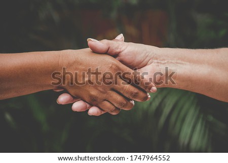 Close-up of black and white hand handshake.