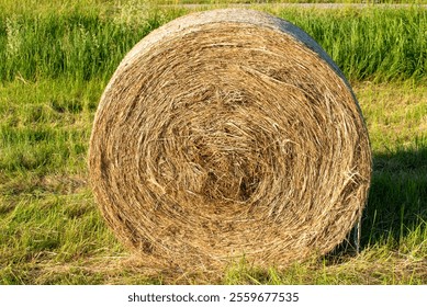 A close-up black and white photograph of a round hay bale sitting in a rural field, showing detailed textures of straw and grass. - Powered by Shutterstock