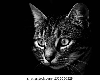 Close-up black and white portrait of a tabby cat with intense eyes in a dark background. - Powered by Shutterstock