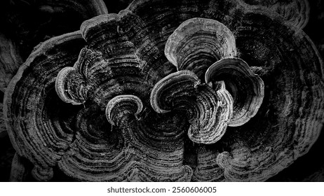 A close-up black and white shot of a cluster of shelf fungi growing on a tree trunk, showcasing their intricate patterns and textures. - Powered by Shutterstock