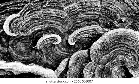 A close-up black and white shot of a cluster of shelf fungi growing on a tree trunk, showcasing their intricate patterns and textures. - Powered by Shutterstock