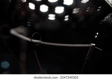 A close-up in black and white shows a thin filament in a dark light bulb with a blurred background. - Powered by Shutterstock